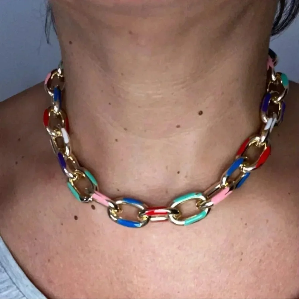 Cuban Color Block Chain Gold Link Necklace - Picture 3 of 8